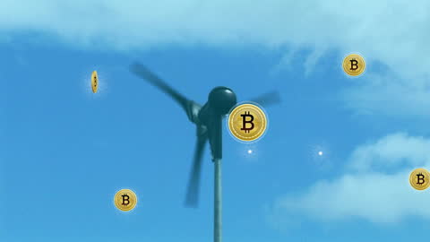 Wind Turbine with Bitcoin Symbols Overlay Illustrating Eco-Friendly Cryptocurrency