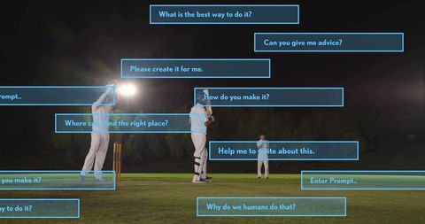 Cricket batsman standing under floodlights at night with translucent blue ui prompts
