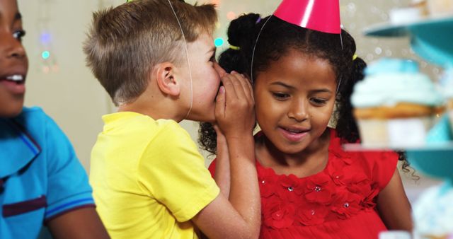 Children Celebrating Birthday Sharing Secret While Wearing Party Hats - Download Free Stock Images Pikwizard.com