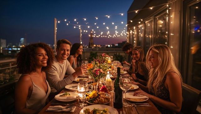 Friends dining on rooftop at dusk with string lights, candlelit table, wine, city skyline