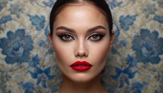 Glamorous portrait with bold red lips, cat eyeliner and vintage floral backdrop, editorial