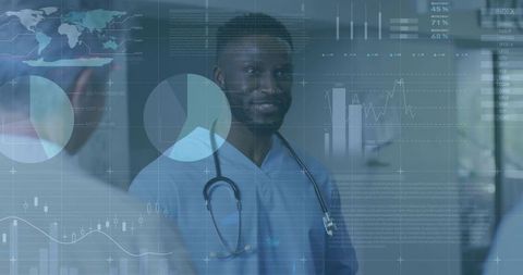 Doctor Communicating in Hospital with Digital Graphics Overlays