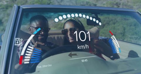 couple enjoying convertible drive with digital overlay - Download Free Stock Images Pikwizard.com