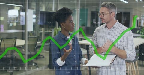Colleagues Discussing Data with Graph Overlay in Modern Office - Download Free Stock Images Pikwizard.com