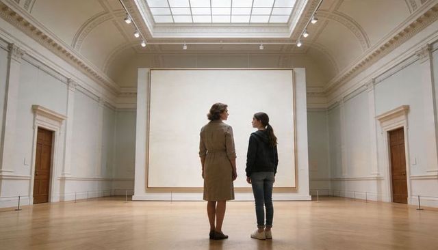 Woman and teen standing before large canvas in minimalist museum gallery under skylight