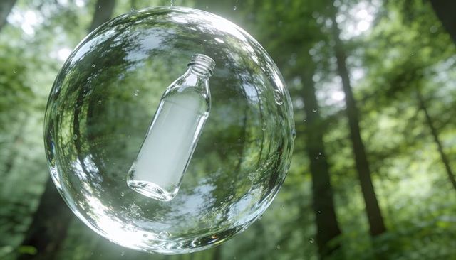 Glass Bottle Floating Inside Soap Bubble Over Sunlit Forest Canopy Reflecting Light