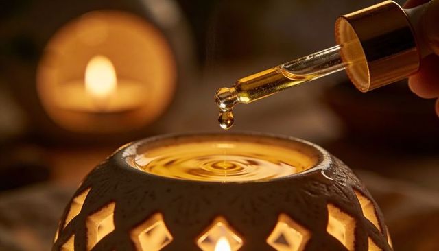 Golden essential oil dropper releasing droplet into ceramic burner with candlelight bokeh