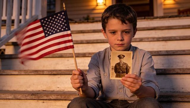 Boy holding american flag and vintage soldier portrait on porch steps at sunset warm evening light