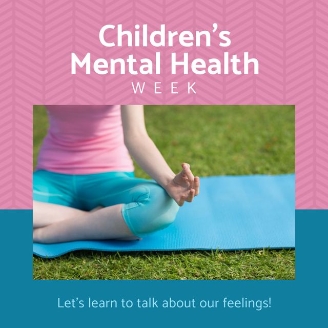 Composition of children's mental health week text and child practicing yoga in park. Children's mental health week, childhood and mental health awareness concept digitally generated image.