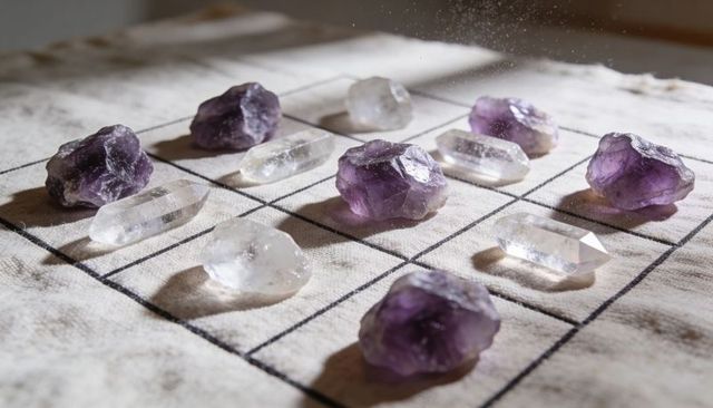 Sunlit amethyst clusters and clear quartz points on grid cloth creating crystal geometry