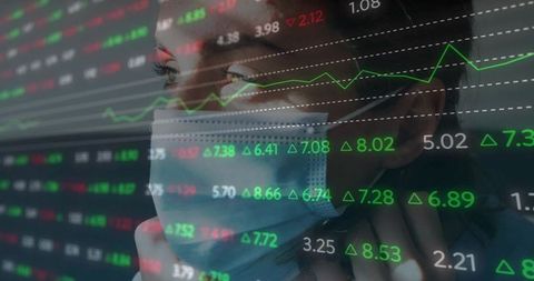 Finance analyst surrounded by digital stock market tickers