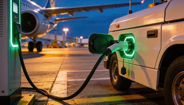 Charging electric airport ground vehicle at dusk on tarmac with passenger jet in background