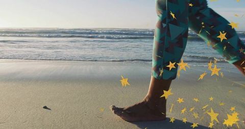 Barefoot Walk on Sandy Beach with Dreamy Star Illustrations
