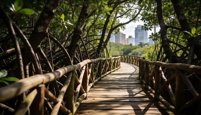 Curving mangrove boardwalk leading toward city skyline through sunlit canopy