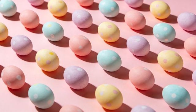 Arranging pastel polka-dot eggs in diagonal rows casting long soft shadows