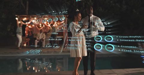 Mature couple standing by pool holding hands under canopy with glowing financial holograms