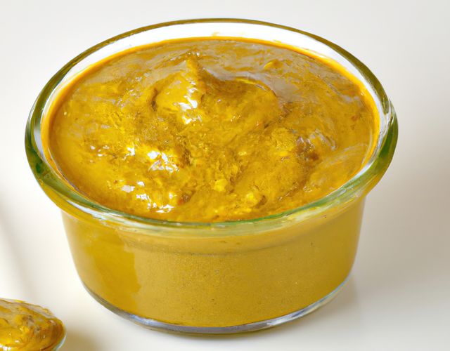 Close up of mustard in bowl on white background created using generative ai technology. Food and nutrition concept, digitally generated image.