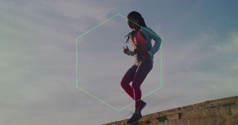 Active Woman Running Outdoor Stairs with Modern Overlay