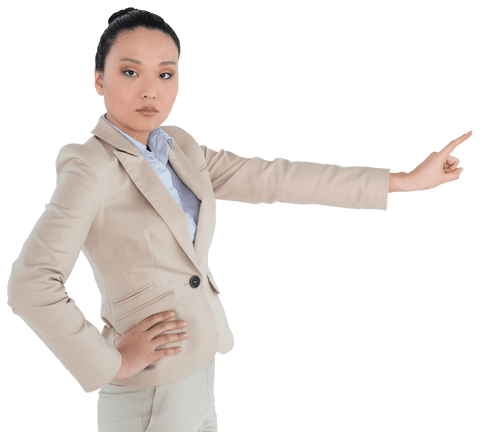 Asian Businesswoman Pointing on Transparent Background, Confident Gesture