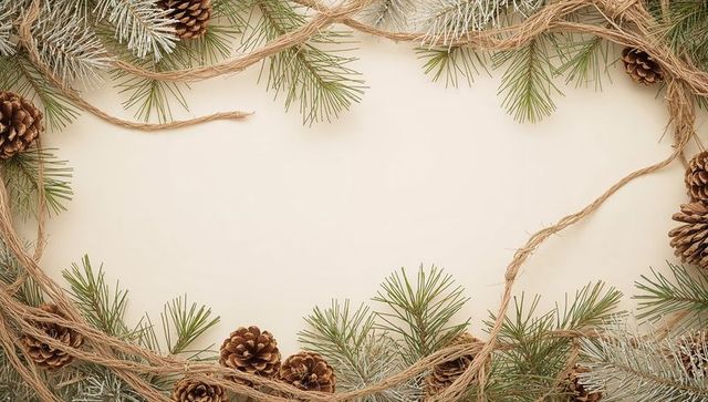 Framing rustic pine sprigs and pine cones with jute twine on neutral beige background
