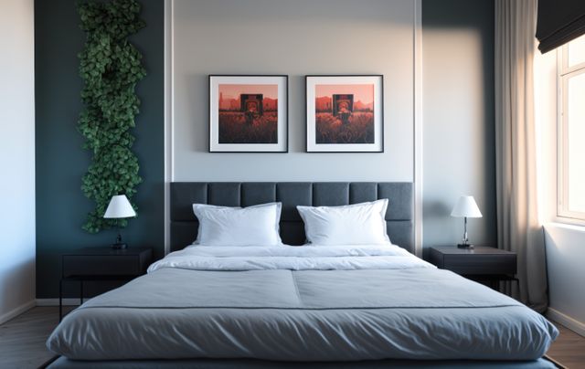 Bedroom interior with bed, paintings, lamps and plant created using generative ai technology. Interior and design concept digitally generated image.