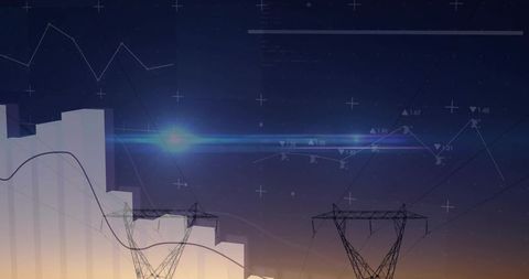 Power Grid Analytics at Dusk, Transmission Towers with Data Graphs and Energy Visualization