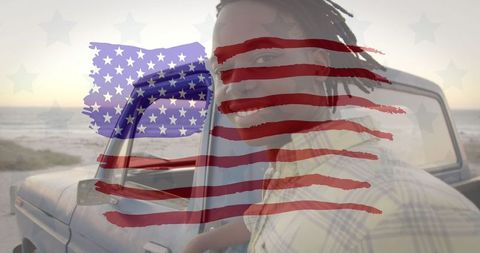 Celebrating Diversity with American Flag: Young Man by the Seaside