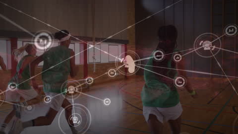 Basketball Players with Data Network Overlays in Indoor Court