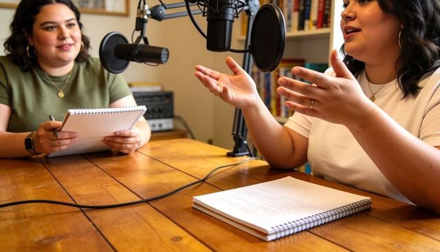 Female podcast hosts recording conversation at home studio with microphones and notebooks