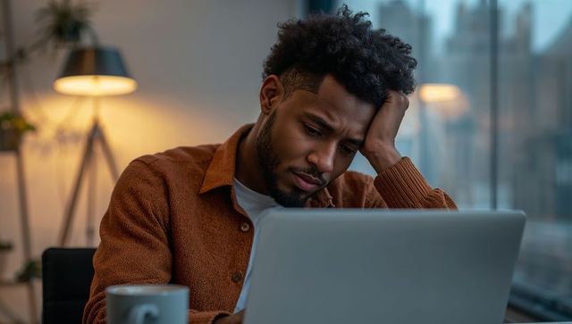Young man working late on laptop looking frustrated in cozy apartment home office