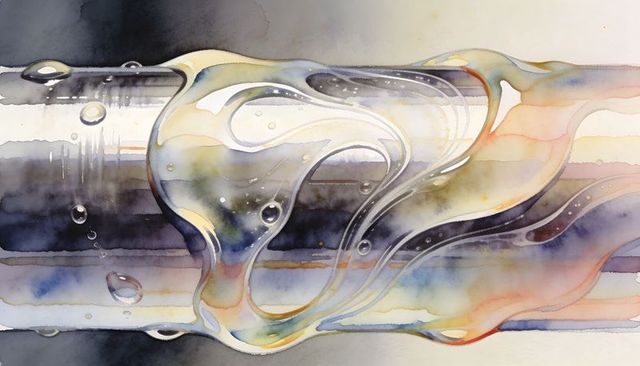 Stretching translucent water droplet on metal rod watercolor macro iridescent reflections