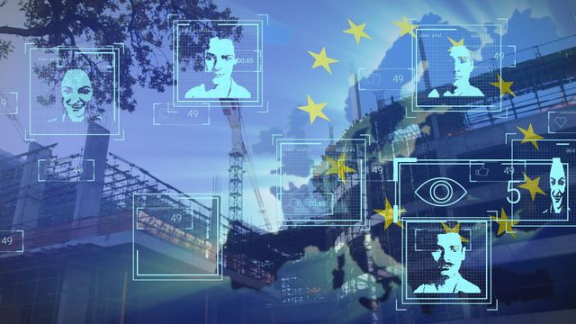 This digital depiction portrays social media interactions layered over the European Union flag featuring a construction site in the background. Ideal for use in articles, presentations, or educational materials related to digital technology integration, social networking evolution, and European projects concentrated on modernization. Vital for showcasing themes toward technological advances interactively fusing with everyday infrastructure development.