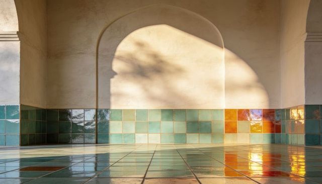 Sunlit mediterranean alcove with arched niche casting tree shadow on glazed tile floor
