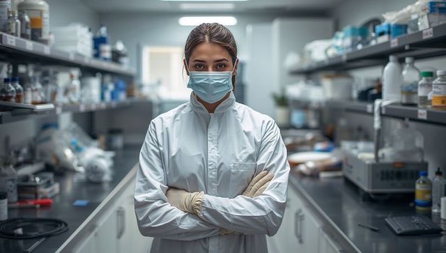 Female Scientist in Protective Gear Working in High-Tech Laboratory