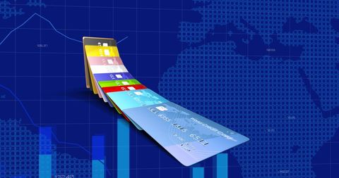 Colorful Credit Cards Meeting Global Financial Data Background