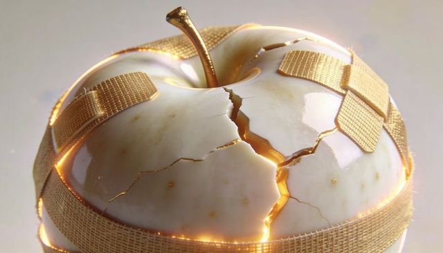 Cracked porcelain apple emitting warm golden light with gilded bandage straps