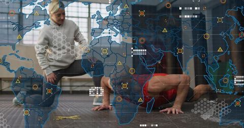 Coach kneeling guiding man performing pushups in gym with digital hud fitness overlay