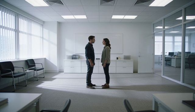 Two office workers facing each other in modern glass office for workplace discussion