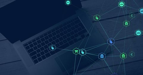 Networking Icons Over Laptop and Wooden Table Background - Download Free Stock Images Pikwizard.com