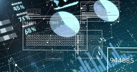 Futuristic hud visualizing data analytics with network graphs and keyboard overlay