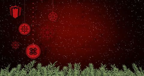 Festive Christmas Baubles and Falling Snow with Red Background