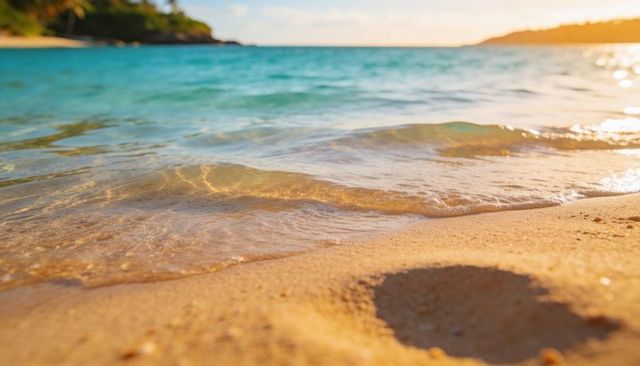 Sunlit turquoise shoreline with gentle waves washing warm sand at golden hour, tranquil cove