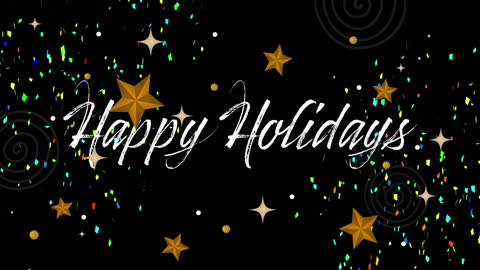 Festive Holiday Greetings with Falling Confetti and Stars