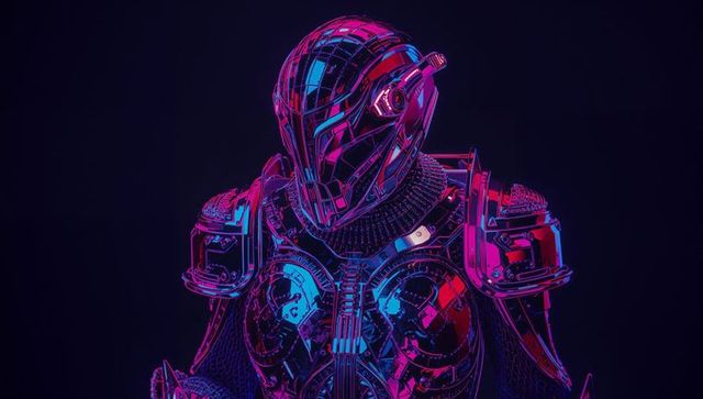 Futuristic cybernetic armor in vibrant neon lighting
