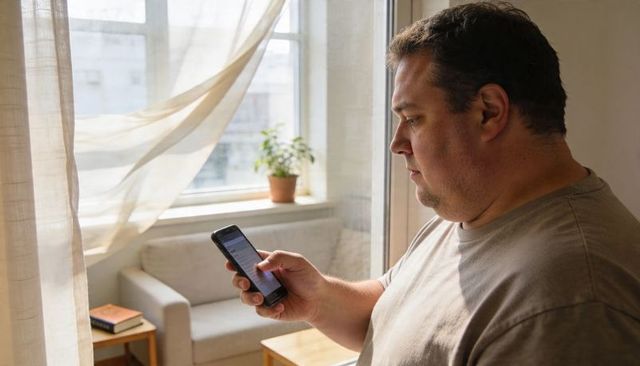 Middle-aged man checking smartphone in sunlit living room with window, sofa, plant, books