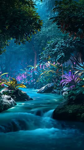 Panning Camera Revealing Cascading Stream Through Misty Rainforest Canopy at Blue Hour