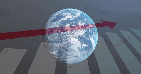 Global market growth visualization spinning earth with upward arrow and bar graph overlay