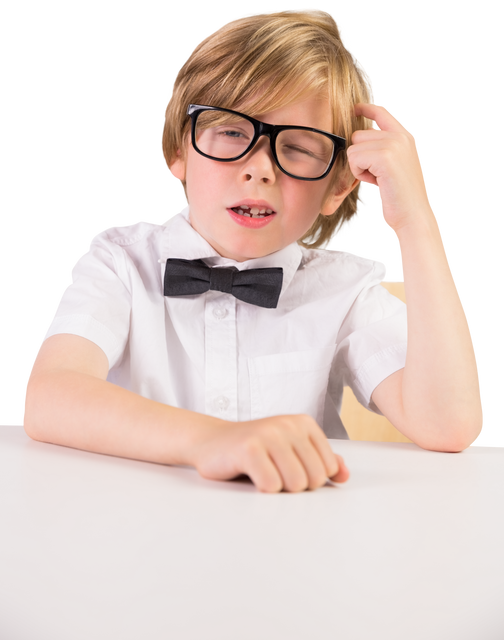 Thinking Caucasian Boy Wearing Bowtie and Glasses on Transparent Background - Download Free Stock Videos Pikwizard.com