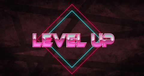 Retro Neon Level Up Text with Geometric Design