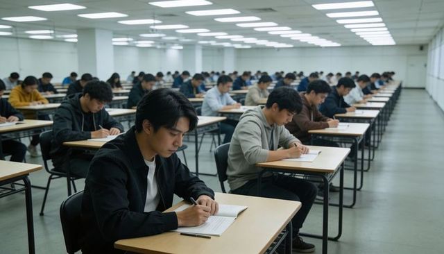 Students writing exam in large hall, rows of desks, focused concentration